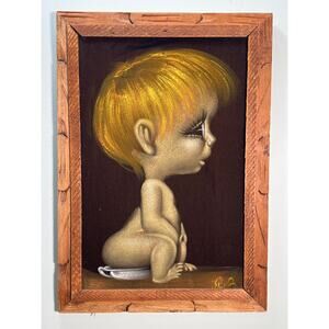 Vtg Mid Century Black Velvet Painting Boy on Potty Kitsch Bathroom Art Big Eyes